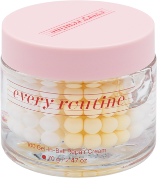 Krem Every Routine Gel-in-Ball Repair Cream: przezroczysty słoiczek z białymi i żółtymi kulkami w żelu, różowa nakrętka.