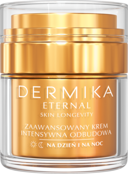 Dermika ETERNAL Intensywna Odbudowa, złoty słoiczek kremu przeciwzmarszczkowego na dzień i noc, widok z przodu.
