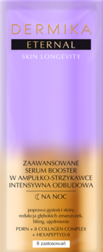Dermika Eternal serum w fioletowo-złotym opakowaniu, widok z przodu. Tekst o intensywnej odbudowie na noc.