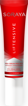 Soraya Liftensive Krem-Serum pod oczy w czerwonej tubce z białą nakrętką, widok z przodu, dla cery dojrzałej.
