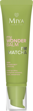 Miya Cosmetics myWONDERBALM I'm Matcha, krem balansujący z matchą. Zielona tubka z pompką, widok z przodu.