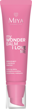 Miya Cosmetics myWONDERBALM I love me, różowy krem kojący z Centellą Asiatica, w tubce z pompką, front.
