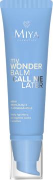 Jasnoniebieski krem nawilżający Miya myWONDERBALM z ashwagandhą, w tubce z pompką, widok z przodu.