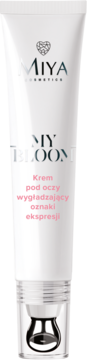 Miya Cosmetics MY BLOOM krem pod oczy wygładzający, biała tubka ze srebrnym aplikatorem, frontalny widok.