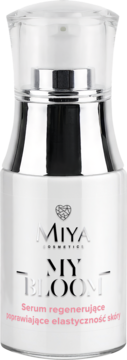 Miya Cosmetics MY BLOOM Serum regenerujące, biała butelka, srebrne logo, różowy tekst o elastyczności skóry.