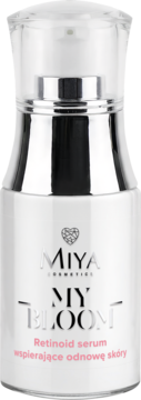 Miya My Bloom Retinoid serum do odnowy skóry w białej butelce z srebrnym dozownikiem, widok z przodu.