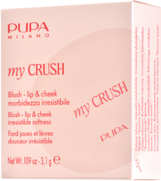 PUPA MILANO my CRUSH Blush-lip & cheek, matowe, jasnoróżowe pudełko z zaokrąglonymi krawędziami, widok z przodu.