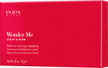 Czerwone pudełko Pupa Milano Wonder Me Sculpt & Glow, paleta do konturowania i rozświetlania, widok z przodu.