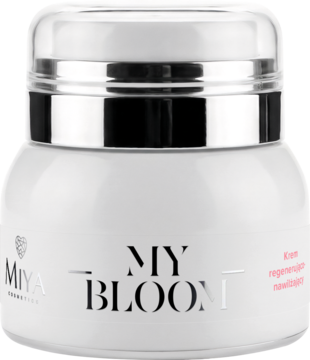 Miya Cosmetics MY BLOOM krem regenerująco-nawilżający w białym słoiczku ze srebrnym wieczkiem, widok z przodu.