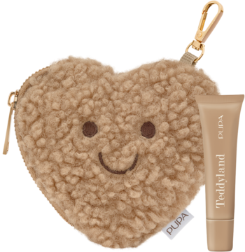 Zestaw: puszysta beżowa kosmetyczka w serce z uśmiechem i beżowy balsam do ust PUPA Teddyland.