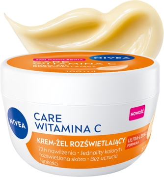 NIVEA CARE WITAMINA C krem-żel rozświetlający w białym słoiczku, pomarańczowa etykieta, widok z góry, żółty krem.
