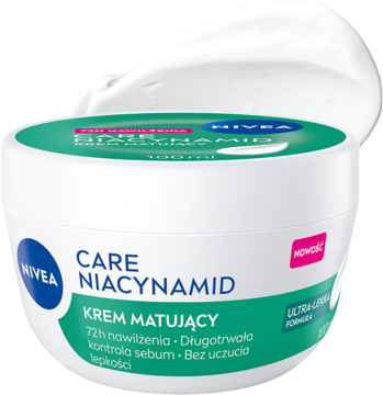 NIVEA CARE NIACYNAMID Krem Matujący, biały słoiczek z zielonym paskiem, widoczna ultra-lekka formuła.