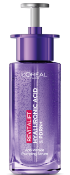Fioletowe serum L'Oréal Revitalift Hyaluronic Acid & PDRN+ z pompką, widok z przodu, przeciwzmarszczkowe.