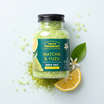 Sól do kąpieli Green Pharmacy Matcha & Yuzu w szklanym słoiku, z kawałkami yuzu i zieloną matchą wokół.