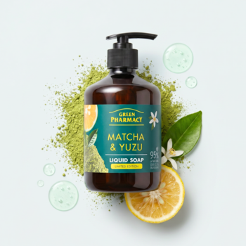 Green Pharmacy Matcha & Yuzu mydło w płynie, brązowa butelka z pompką na tle zielonej matchy i świeżych owoców yuzu.