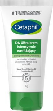 Cetaphil DA Ultra krem intensywnie nawilżający do skóry suchej, biała tuba z zieloną etykietą, widok z przodu, 85g.