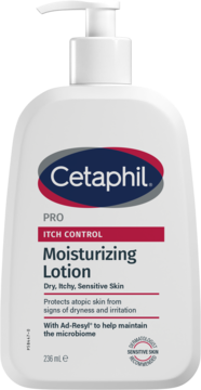 Biała butelka Cetaphil PRO ITCH CONTROL Moisturizing Lotion z pompką, widok z przodu, do skóry atopowej.