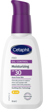 Cetaphil PRO OIL CONTROL Moisturizing SPF 30, biała butelka z fioletową pompką, do skóry trądzikowej i wrażliwej.