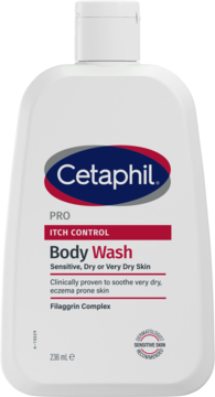 Biała butelka Cetaphil PRO ITCH CONTROL Body Wash 236 ml, do skóry suchej i wrażliwej, widok z przodu.