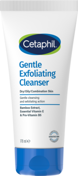 Biała tuba Cetaphil Gentle Exfoliating Cleanser z niebieską zatyczką, dla skóry wrażliwej, widok frontalny.