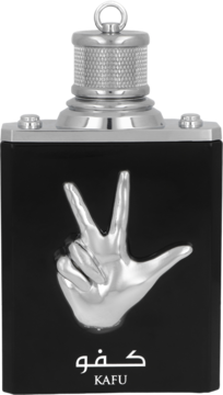 Amaran Exclusive Kafu woda perfumowana męska, czarna butelka ze srebrną dłonią w kształcie litery V, z przodu.