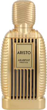 Złoty flakon perfum ARISTO ARABIYAT PRESTIGE z czarnymi pionowymi liniami, widok z przodu, ryflowana tekstura korka.