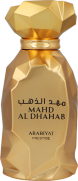 Błyszczący, złoty flakon perfum Arabiyat Prestige Mahd Al Dhahab 100ml o fasetowanym kształcie, widok z przodu.