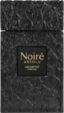 Czarne, fakturowane pudełko Arabiyat Prestige Noire Absolu woda perfumowana, z złotym napisem, przód.