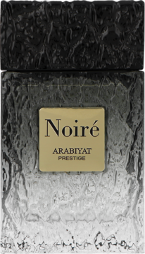 Arabiyat Prestige Noire woda perfumowana, czarno-srebrna butelka o teksturowanym szkle, złota etykieta z przodu.