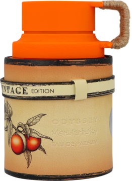 Armaf Odyssey Mandarin Sky Vintage Edition woda perfumowana. Butelka vintage beżowa, pomarańczowa nakrętka, rysunek mandarynki.