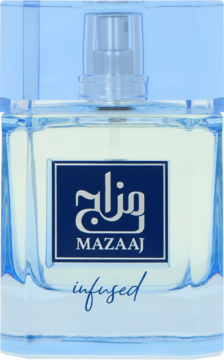 Zimaya Mazaaj Infused EDP, niebieska butelka z prostokątną etykietą, napisem Mazaaj i 'infused', przód.