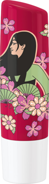 Pomadka NIVEA Cherry Blossom Disney Princess w czerwonym etui z Mulan i kwiatami wiśni. Widok z przodu.