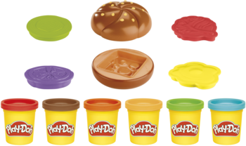 Zestaw Play-Doh Małe przysmaki z grilla. Widoczne formy do burgera, bułka, kotlet i 6 pojemników z ciastoliną.