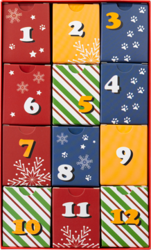 Kalendarz adwentowy z 12 okienkami, czerwony, z numerami 1-12 i świątecznymi wzorami; zawiera puzzle.