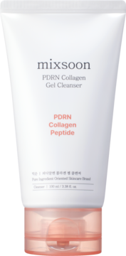 Mixsoon PDRN Collagen Gel Cleanser w białej tubce z brzoskwiniową nakrętką, widok z przodu, 100 ml.