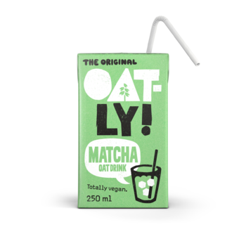 Zielony kartonik Oatly Matcha Oat Drink 250ml z białymi napisami i grafiką, ze słomką, widok z przodu.