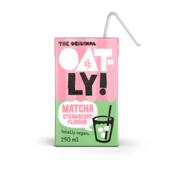 Różowo-zielony karton Oatly! napój owsiany Matcha Strawberry 250ml z białą słomką, widok z przodu.
