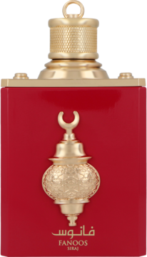 Amaran Exclusive Fanoos Siraj EDP unisex, czerwona butelka ze złotym, zdobionym lampionem, czarny napis, przód.