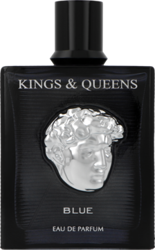 Amaran Kings & Queens Blue, czarna butelka perfum z grawerowanym srebrnym reliefem głowy. Widok z przodu, lekko pod kątem.