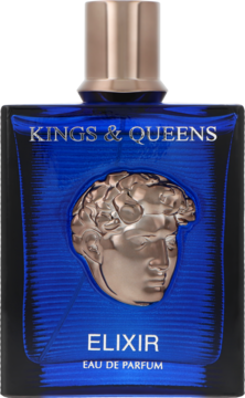 Granatowy flakon Amaran Kings & Queens Elixir EDP dla mężczyzn, z reliefem męskiej głowy. Widok z przodu.