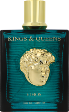 Kwadratowa butelka perfum Amaran Kings & Queens Ethos w ciemnym turkusie, ze złotą głową na froncie i złotą zakrętką.