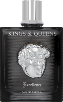 Amaran Kings & Queens Excellence EDP, czarna butelka z srebrnym reliefem głowy, metalowa nakrętka, widok z przodu.