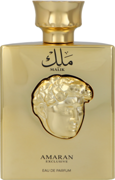 Złota butelka Amaran Kings & Queens Malik Eau de Parfum 100 ml, z błyszczącą, reliefową głową, widok z przodu.