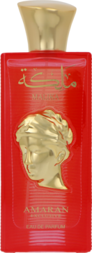 Czerwona butelka Amaran Malika Eau de Parfum 100 ml ze złotą zakrętką i wytłoczoną złotą głową rzeźby.