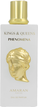 Amaran Kings & Queens Phenomena, biała butelka unisex eau de parfum ze złotą nakrętką i reliefową złotą głową na froncie.