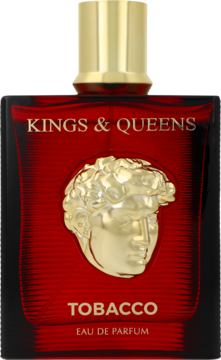 Amaran Kings & Queens Tobacco EDP, czerwono-złota butelka z rzeźbionym medalionem, front.