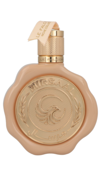 Le Falcone Mirsaal Passion 100ml, beżowy flakon perfum o unikalnym kształcie pieczęci ze złotym emblematem orła.