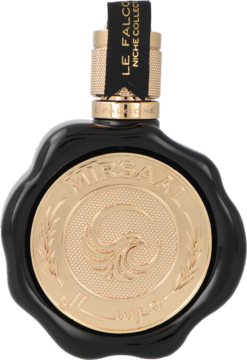Czarna butelka perfum unisex Le Falconé Mirsaal Valentine, złoty emblemat na etykiecie w kształcie pieczęci, widok z przodu.