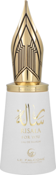 Biała butelka perfum Le Falcone Risala For You 100ml, złota zakrętka z art deco wzorem, widok z przodu.