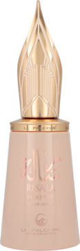 Flakon Le Falcone Risala Forever 100ml, beżowy, stożkowy, z przodu, z ozdobnym złotym korkiem art deco.